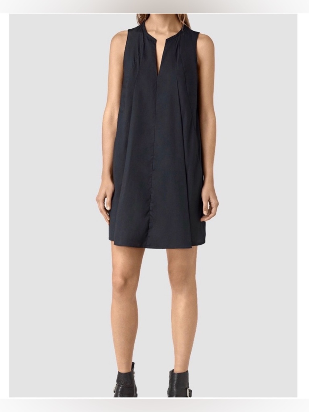 All Saints Sleeveless Poplin V Neck Bea Dress US 8 Black Cotton Pleated Classic